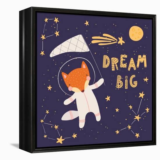 Illustration of a Cute Fox in Space, Catching Comet with a Butterfly Net-Maria Skrigan-Framed Stretched Canvas