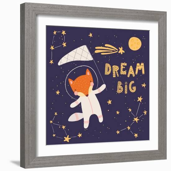 Illustration of a Cute Fox in Space, Catching Comet with a Butterfly Net-Maria Skrigan-Framed Art Print