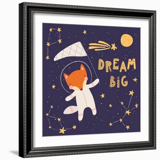 Illustration of a Cute Fox in Space, Catching Comet with a Butterfly Net-Maria Skrigan-Framed Art Print