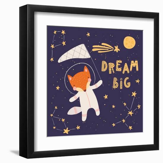 Illustration of a Cute Fox in Space, Catching Comet with a Butterfly Net-Maria Skrigan-Framed Art Print