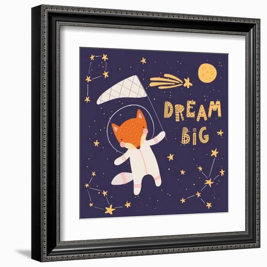 Illustration of a Cute Fox in Space, Catching Comet with a Butterfly Net-Maria Skrigan-Framed Art Print