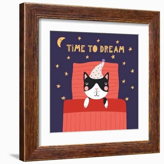 Illustration of a Cute Funny Sleeping Cat in a Nightcap-Maria Skrigan-Framed Art Print