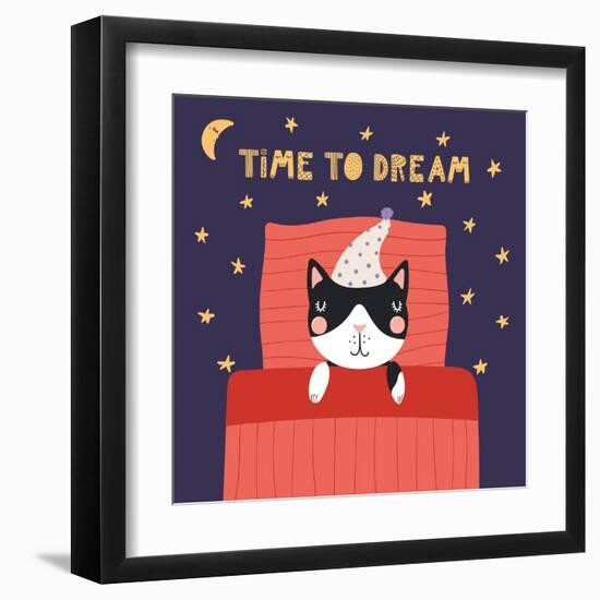 Illustration of a Cute Funny Sleeping Cat in a Nightcap-Maria Skrigan-Framed Art Print