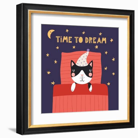 Illustration of a Cute Funny Sleeping Cat in a Nightcap-Maria Skrigan-Framed Art Print