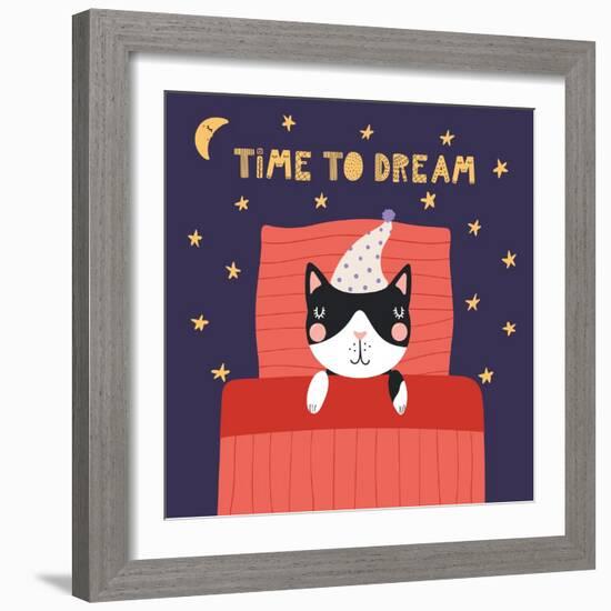 Illustration of a Cute Funny Sleeping Cat in a Nightcap-Maria Skrigan-Framed Premium Giclee Print