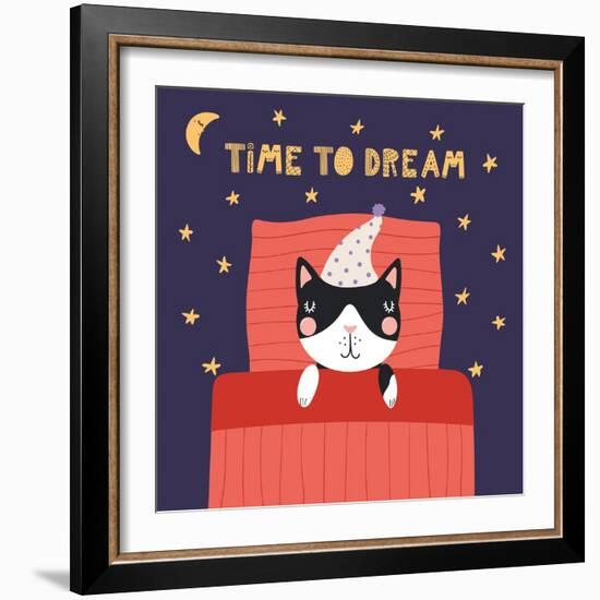 Illustration of a Cute Funny Sleeping Cat in a Nightcap-Maria Skrigan-Framed Art Print