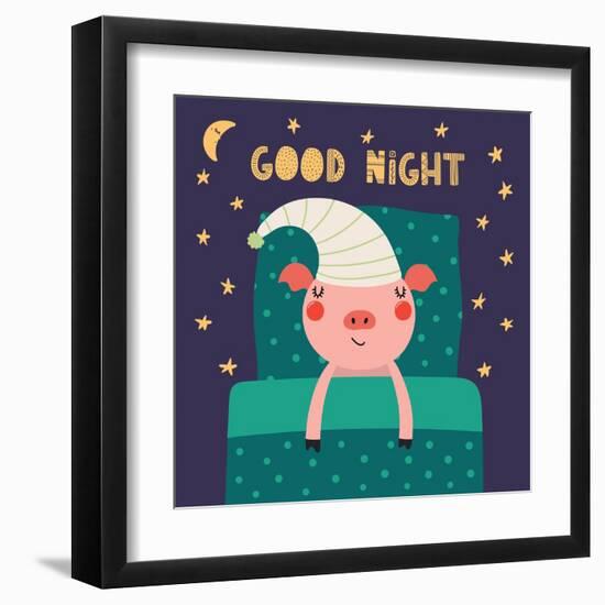 Illustration of a Cute Funny Sleeping Pig in a Nightcap-Maria Skrigan-Framed Art Print