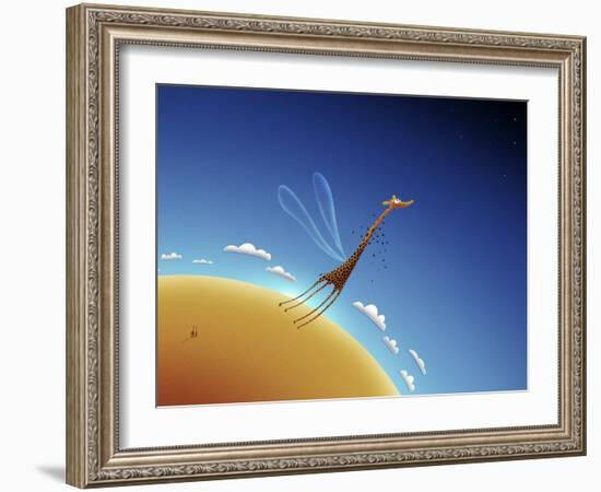 Illustration of a Giraffe Learning to Fly-null-Framed Photographic Print