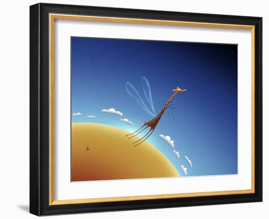 Illustration of a Giraffe Learning to Fly-null-Framed Photographic Print