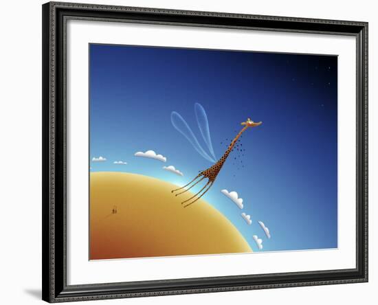 Illustration of a Giraffe Learning to Fly-null-Framed Photographic Print