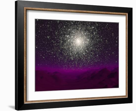 Illustration of a Globular Cluster over the Terrain of a Barren Planet-Stocktrek Images-Framed Premium Photographic Print