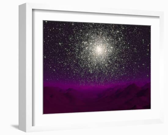 Illustration of a Globular Cluster over the Terrain of a Barren Planet-Stocktrek Images-Framed Premium Photographic Print