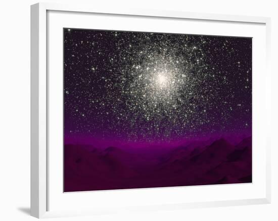 Illustration of a Globular Cluster over the Terrain of a Barren Planet-Stocktrek Images-Framed Photographic Print