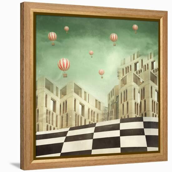 Illustration of a Several Modern Buildings in a Surreal Landscape and Many Hot Air Balloons-Valentina Photos-Framed Stretched Canvas