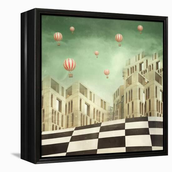 Illustration of a Several Modern Buildings in a Surreal Landscape and Many Hot Air Balloons-Valentina Photos-Framed Stretched Canvas