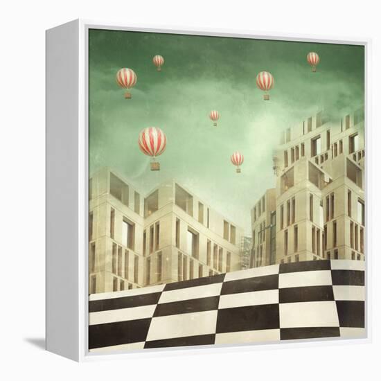 Illustration of a Several Modern Buildings in a Surreal Landscape and Many Hot Air Balloons-Valentina Photos-Framed Stretched Canvas