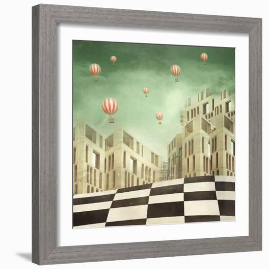 Illustration of a Several Modern Buildings in a Surreal Landscape and Many Hot Air Balloons-Valentina Photos-Framed Photographic Print