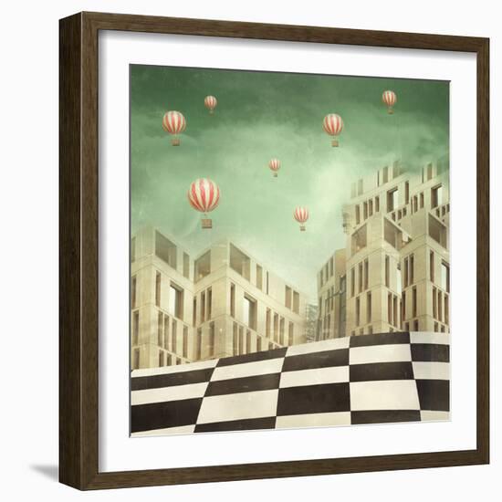 Illustration of a Several Modern Buildings in a Surreal Landscape and Many Hot Air Balloons-Valentina Photos-Framed Photographic Print