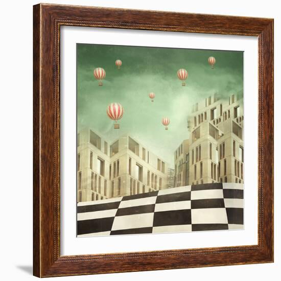 Illustration of a Several Modern Buildings in a Surreal Landscape and Many Hot Air Balloons-Valentina Photos-Framed Photographic Print