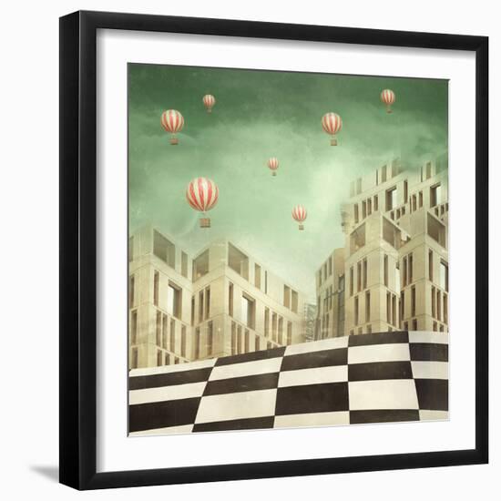 Illustration of a Several Modern Buildings in a Surreal Landscape and Many Hot Air Balloons-Valentina Photos-Framed Photographic Print