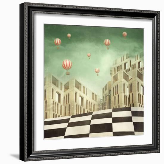 Illustration of a Several Modern Buildings in a Surreal Landscape and Many Hot Air Balloons-Valentina Photos-Framed Photographic Print