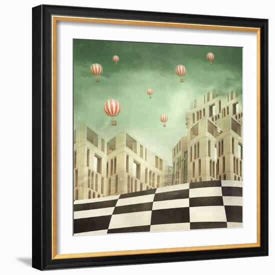 Illustration of a Several Modern Buildings in a Surreal Landscape and Many Hot Air Balloons-Valentina Photos-Framed Photographic Print