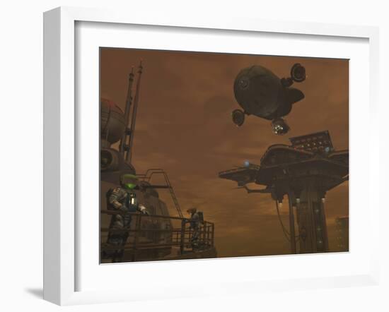 Illustration of a Spacecraft and Astronauts at a Mining Site on Saturn's Moon Titan-Stocktrek Images-Framed Photographic Print