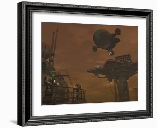 Illustration of a Spacecraft and Astronauts at a Mining Site on Saturn's Moon Titan-Stocktrek Images-Framed Photographic Print