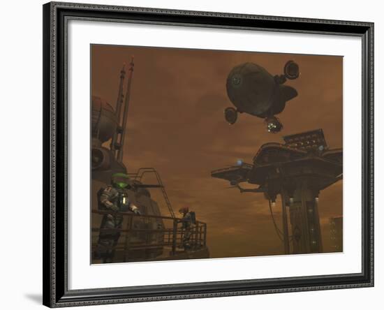 Illustration of a Spacecraft and Astronauts at a Mining Site on Saturn's Moon Titan-Stocktrek Images-Framed Photographic Print