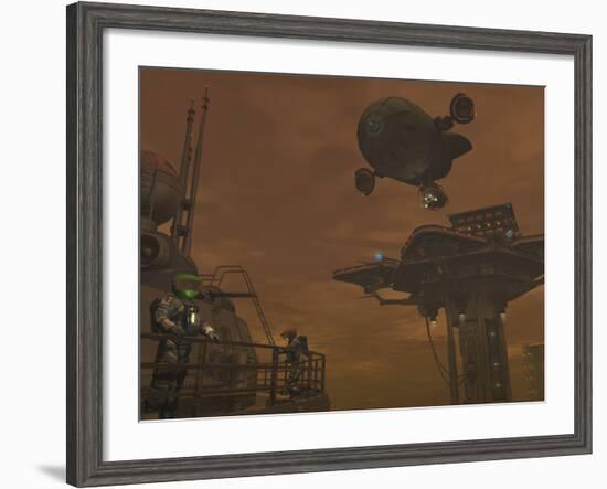 Illustration of a Spacecraft and Astronauts at a Mining Site on Saturn's Moon Titan-Stocktrek Images-Framed Photographic Print