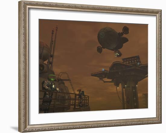 Illustration of a Spacecraft and Astronauts at a Mining Site on Saturn's Moon Titan-Stocktrek Images-Framed Photographic Print