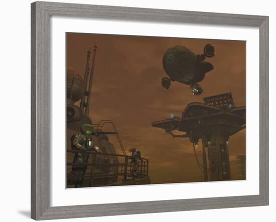 Illustration of a Spacecraft and Astronauts at a Mining Site on Saturn's Moon Titan-Stocktrek Images-Framed Photographic Print