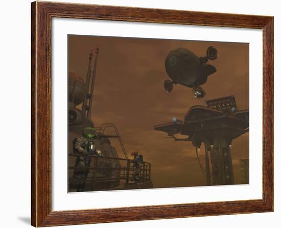 Illustration of a Spacecraft and Astronauts at a Mining Site on Saturn's Moon Titan-Stocktrek Images-Framed Photographic Print