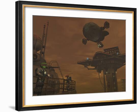 Illustration of a Spacecraft and Astronauts at a Mining Site on Saturn's Moon Titan-Stocktrek Images-Framed Photographic Print