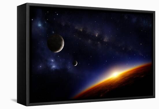 Illustration of an Alien Planet in Space with Two Moons and the Sun Setting over its Horizon-Inga Nielsen-Framed Stretched Canvas