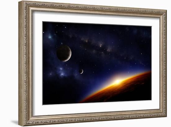 Illustration of an Alien Planet in Space with Two Moons and the Sun Setting over its Horizon-Inga Nielsen-Framed Art Print