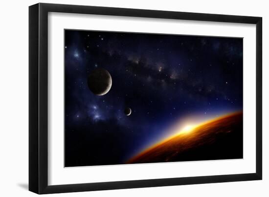 Illustration of an Alien Planet in Space with Two Moons and the Sun Setting over its Horizon-Inga Nielsen-Framed Art Print