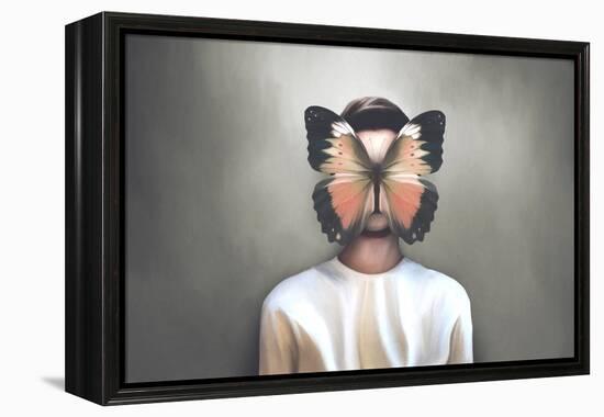 illustration of attractive woman with butterfly flying over her face, surreal concept-Francesco Chiesa-Framed Stretched Canvas