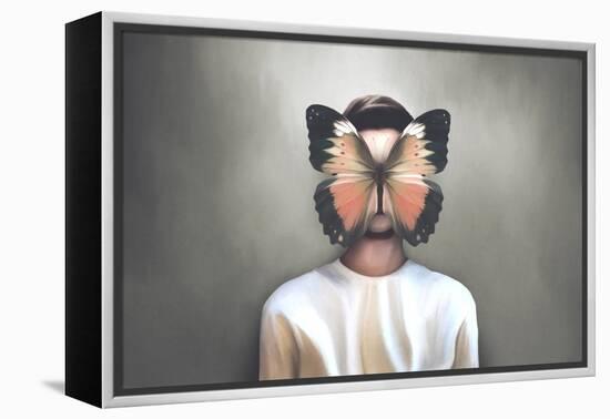 illustration of attractive woman with butterfly flying over her face, surreal concept-Francesco Chiesa-Framed Stretched Canvas