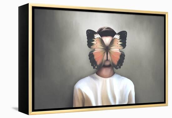 illustration of attractive woman with butterfly flying over her face, surreal concept-Francesco Chiesa-Framed Stretched Canvas