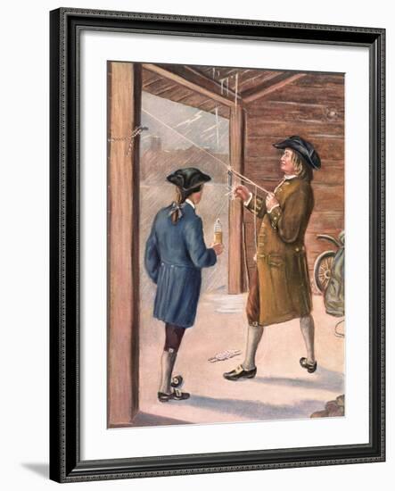 Illustration of Benjamin Franklin and Assistant Performing Lightning Experiment-null-Framed Giclee Print