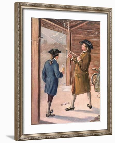 Illustration of Benjamin Franklin and Assistant Performing Lightning Experiment-null-Framed Giclee Print