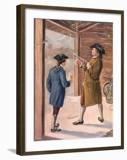 Illustration of Benjamin Franklin and Assistant Performing Lightning Experiment-null-Framed Giclee Print