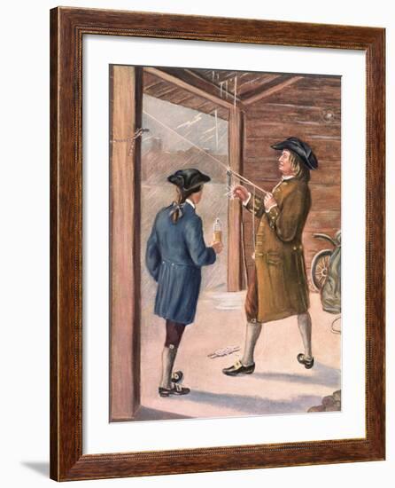 Illustration of Benjamin Franklin and Assistant Performing Lightning Experiment-null-Framed Giclee Print