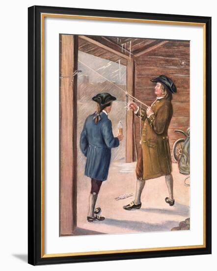 Illustration of Benjamin Franklin and Assistant Performing Lightning Experiment-null-Framed Giclee Print