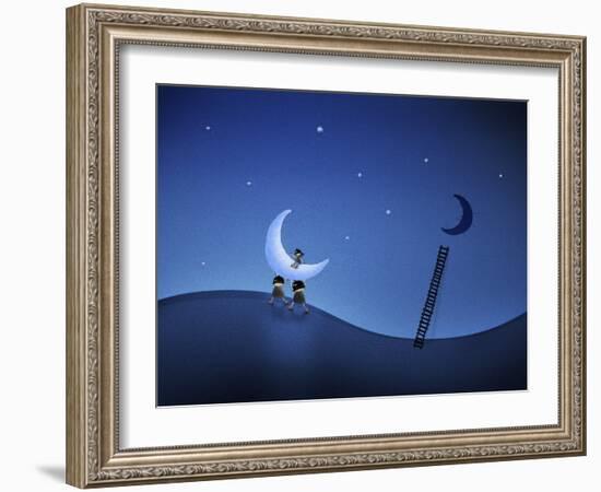 Illustration of Cartoon Characters Stealing the Moon-null-Framed Photographic Print