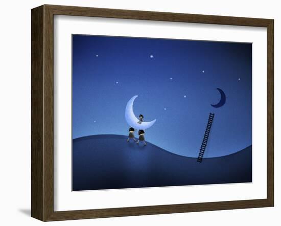 Illustration of Cartoon Characters Stealing the Moon-null-Framed Photographic Print