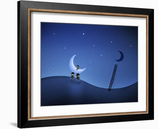 Illustration of Cartoon Characters Stealing the Moon-null-Framed Photographic Print