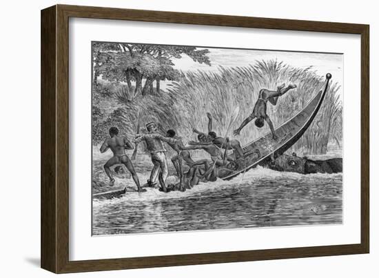 Illustration of Engraged Hippopotamus Upsetting a Boat-null-Framed Giclee Print