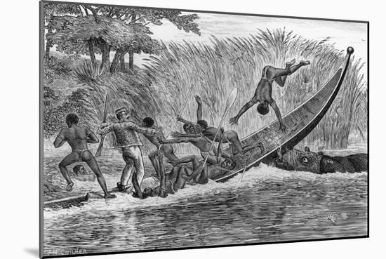 Illustration of Engraged Hippopotamus Upsetting a Boat-null-Mounted Giclee Print